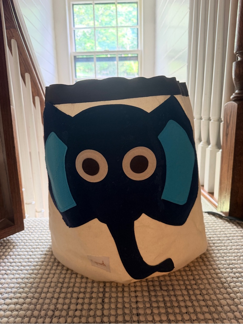 Canvas Elephant Storage Bin in Navy and Light Blue